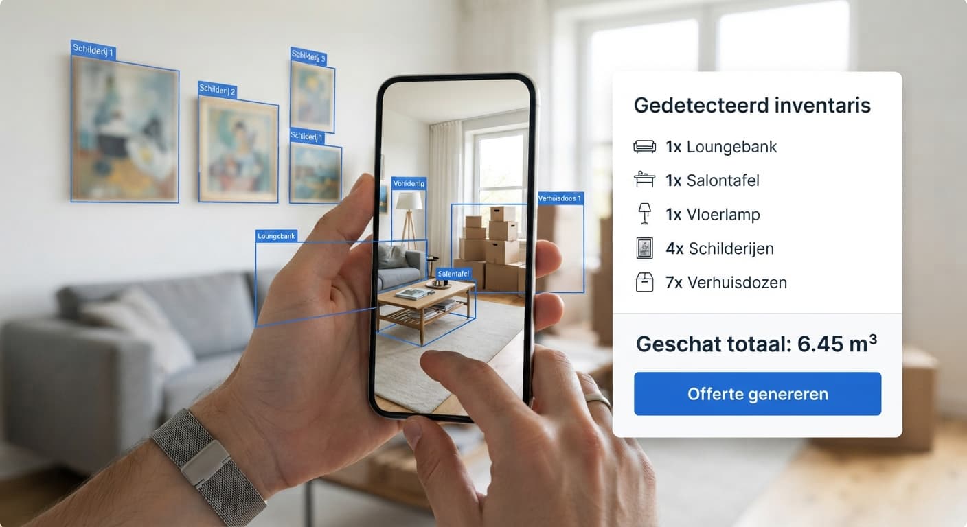 Telefoon scant een woonkamer; Move Ai herkent de meubels en toont een offerte-indicatie.